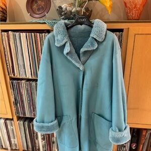 PRICE DROP: PEARLIZED Teal LAMBSKIN LEATHER SHEARLING 3/4 COAT, REVERSIBLE, 42